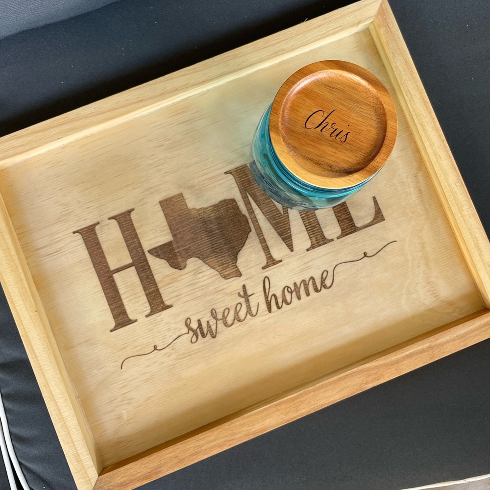 Laser engraved Home sweet home Sofa vanity office tray Texas any state